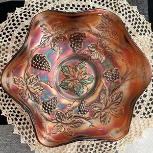 Fenton Carnival Glass Ruffled Bowl – Grape & Leaf Pattern